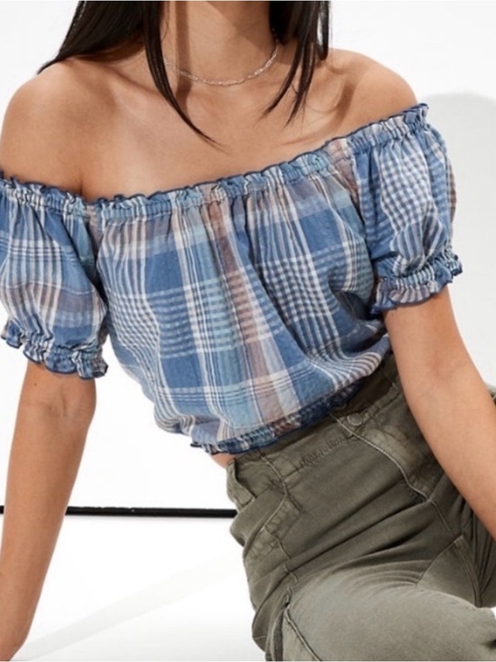 American Eagle Outfitters Tops - American Eagle Outfitters Blue Plaid Off-Shoulder Smocked Crop Top